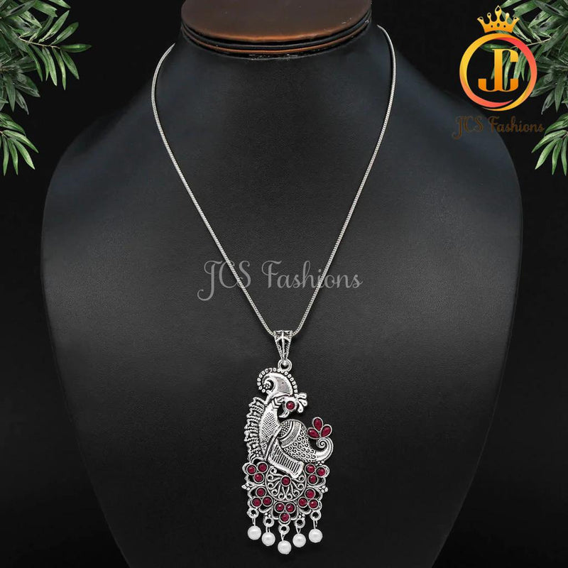 Red Color Peacock Inspired Silver Plated Necklace For Women