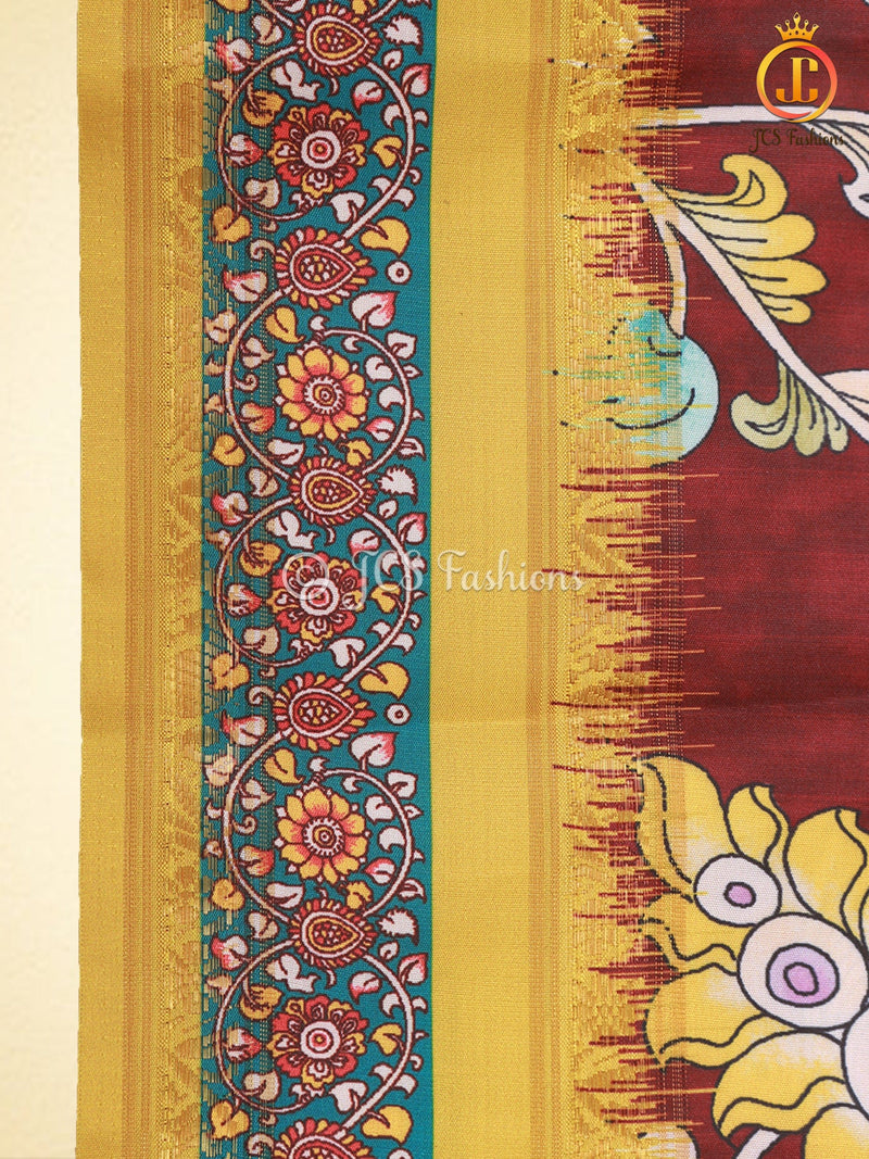 Kalamkari Design Saree With Blouse, Brown Color Saree with Floral designs