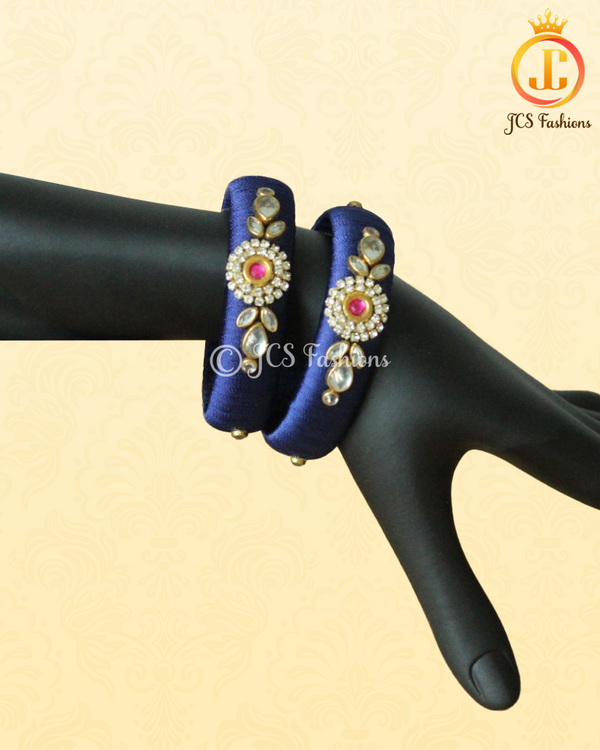 Royal Blue and Red Stone with Aari Work Silk Thread Bangles