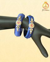 Royal Blue and Red Stone with Aari Work Silk Thread Bangles