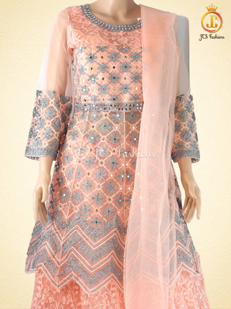 Traditional Embroidery And Mirror Work Soft Net Lehenga