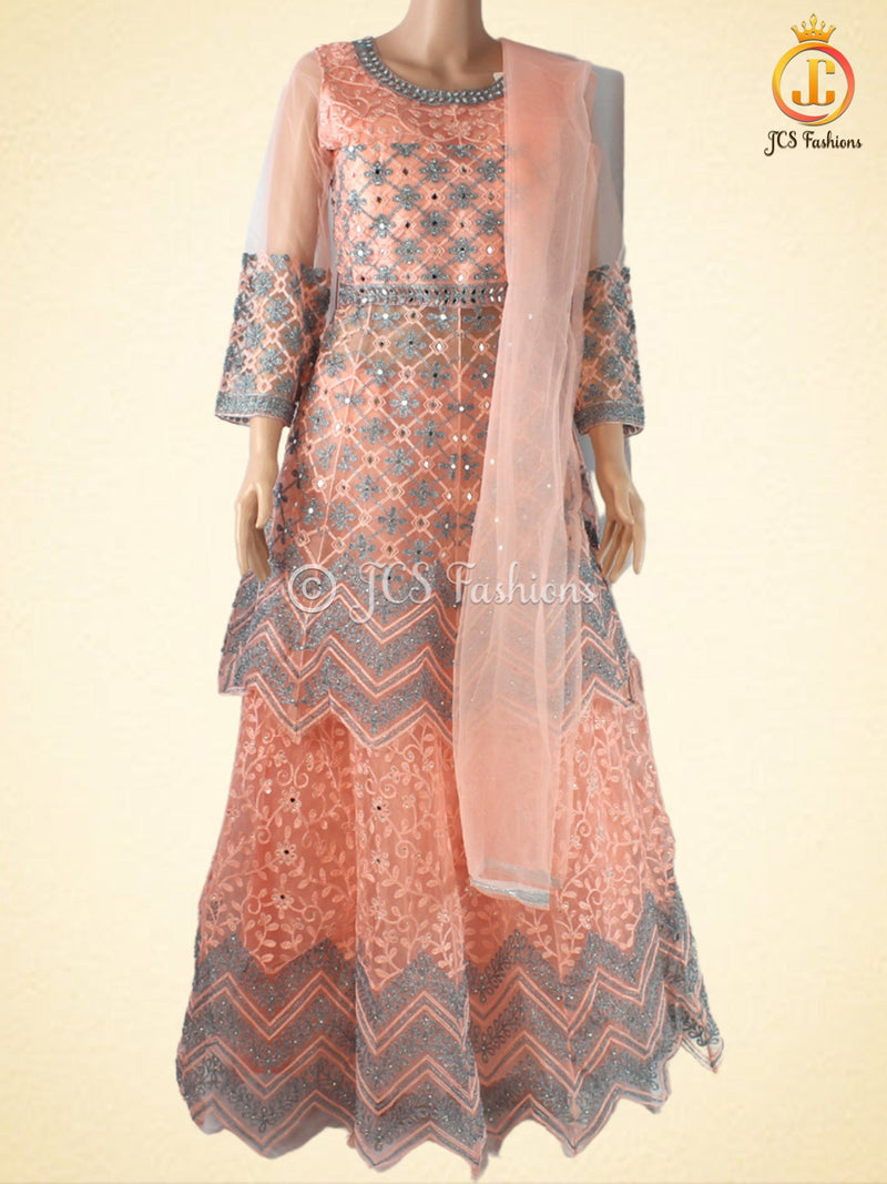 Traditional Embroidery And Mirror Work Soft Net Lehenga