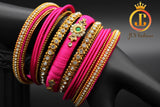 Silk Thread Bangles with Stone Work in Pink Color