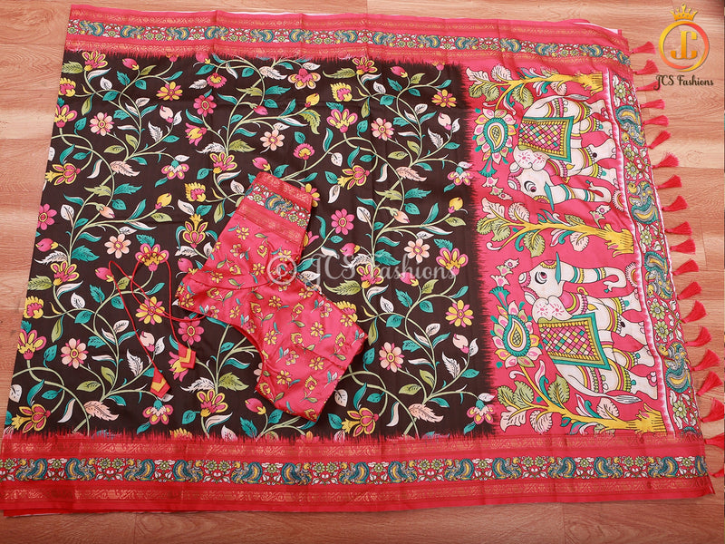 Kalamkari And Floral Design Saree With ready to wear Blouse