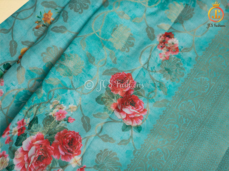 Semi Munga Silk Saree, Weaving and floral Prints. With Fully stitched Blouse.