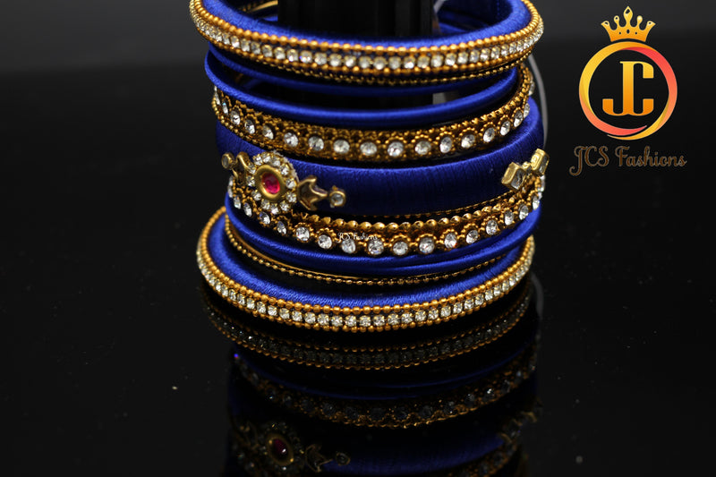 Silk Thread Bangles with Kundan and Stone Work in Royal Blue Color