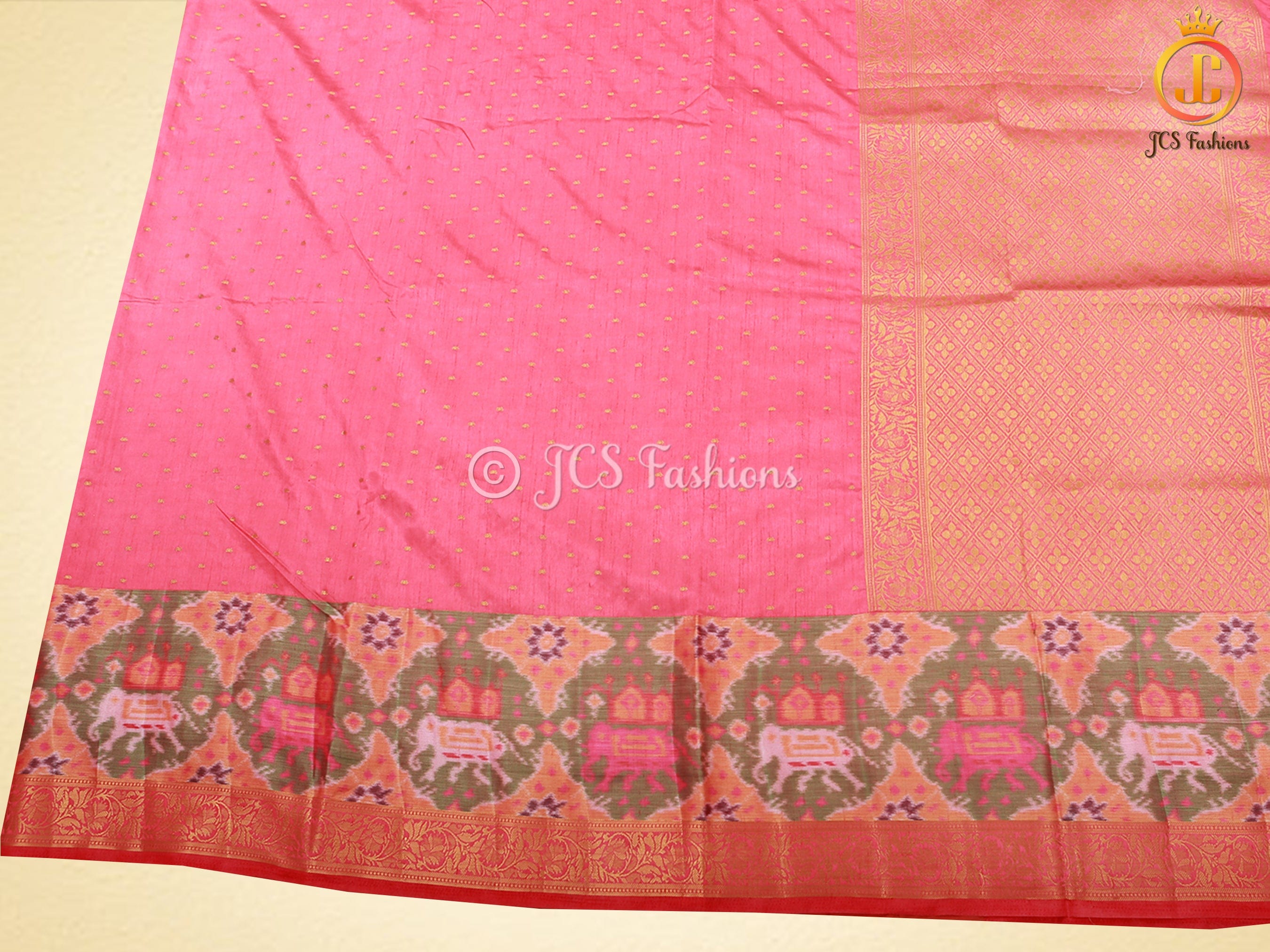 Golden Zari & Pochampally Ikkat Border Semi Silk Saree With Blouse SAREE JCS Fashions