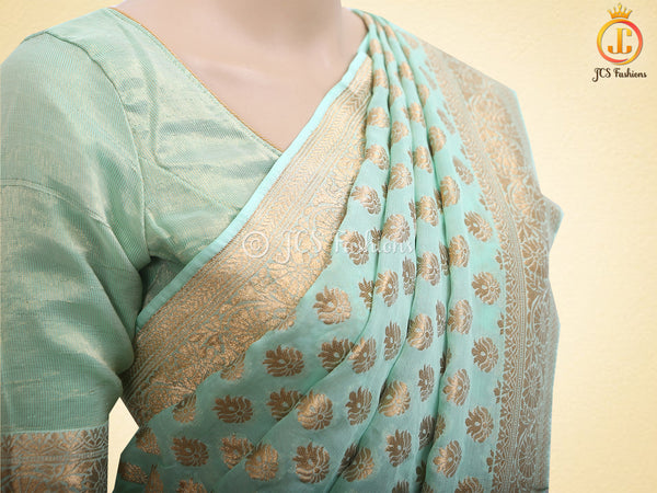 Green Gold Zari Weaving Khaddi Banarasi Georgette Saree With Blouse