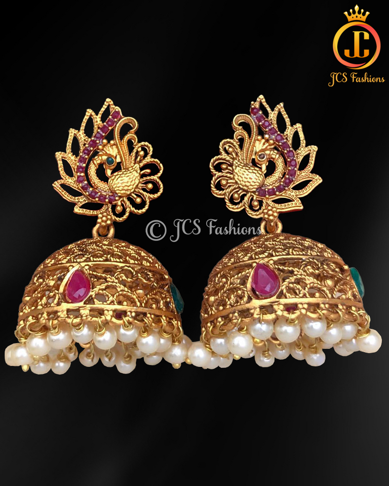 Matte Finish Jhumka with Red & Green Stones – Elevate Your Style