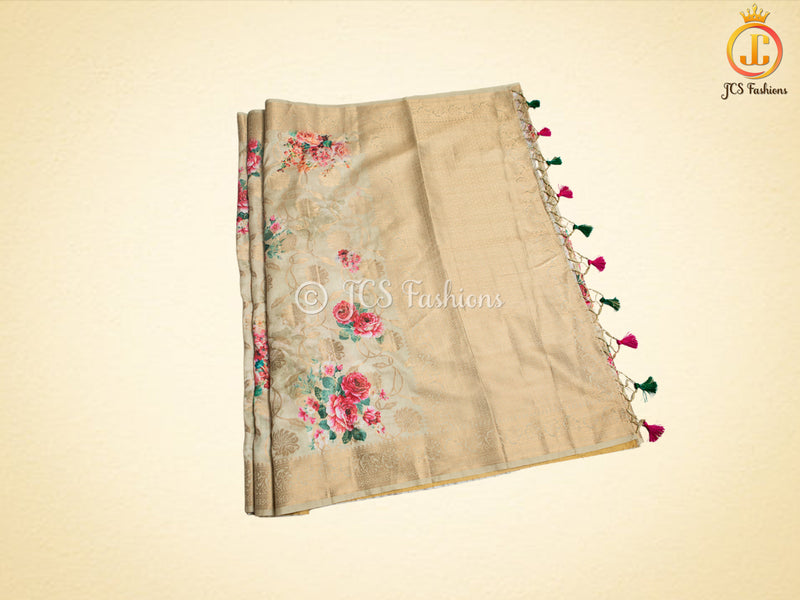 Semi Munga Silk Weaving Saree With floral prints, Fully Stitched blouse