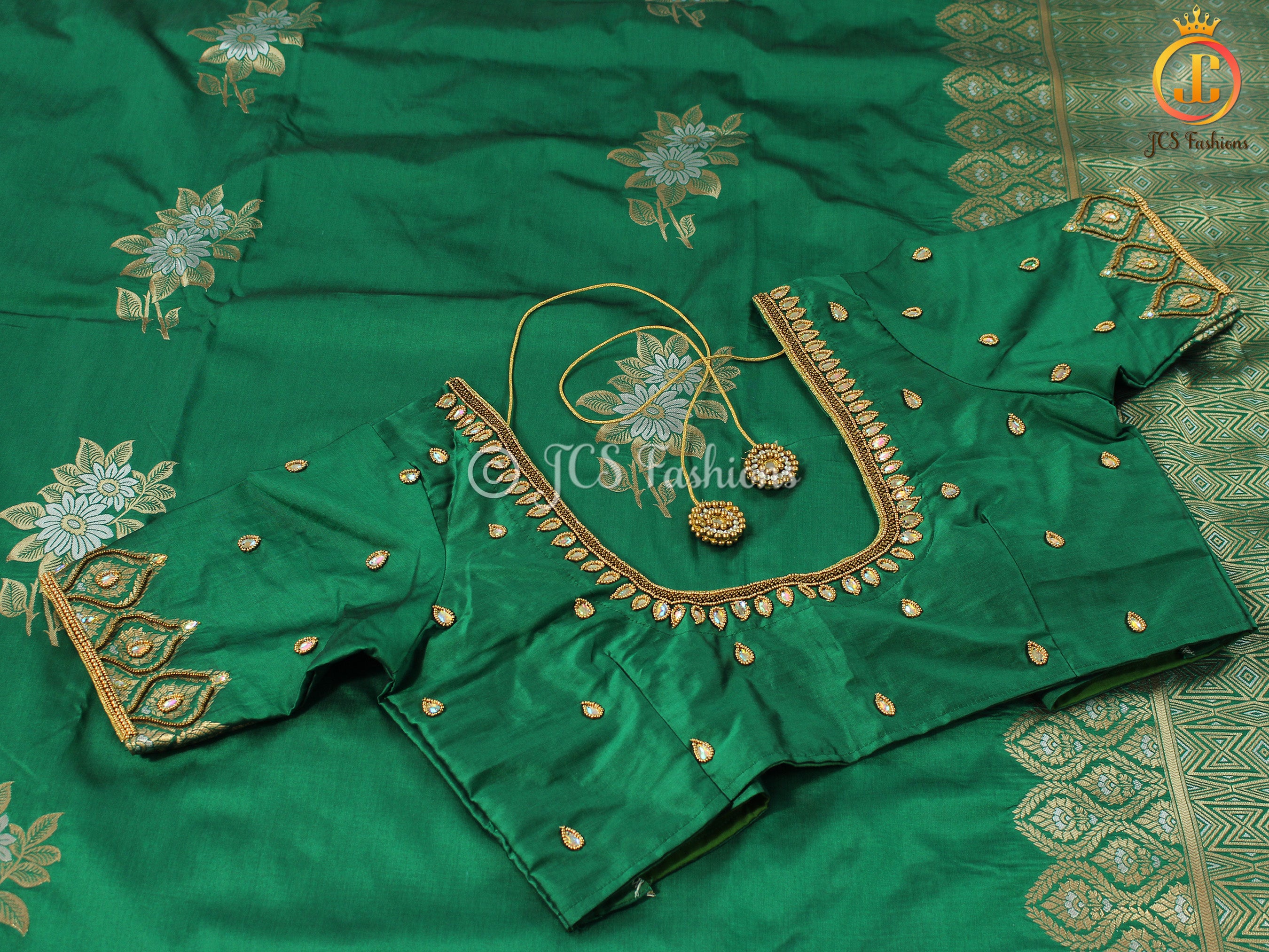 Semi Silk saree, Silver and antique Zari Motifs, Weaving Patterns with fully stitched Blouse SAREE JCS Fashions