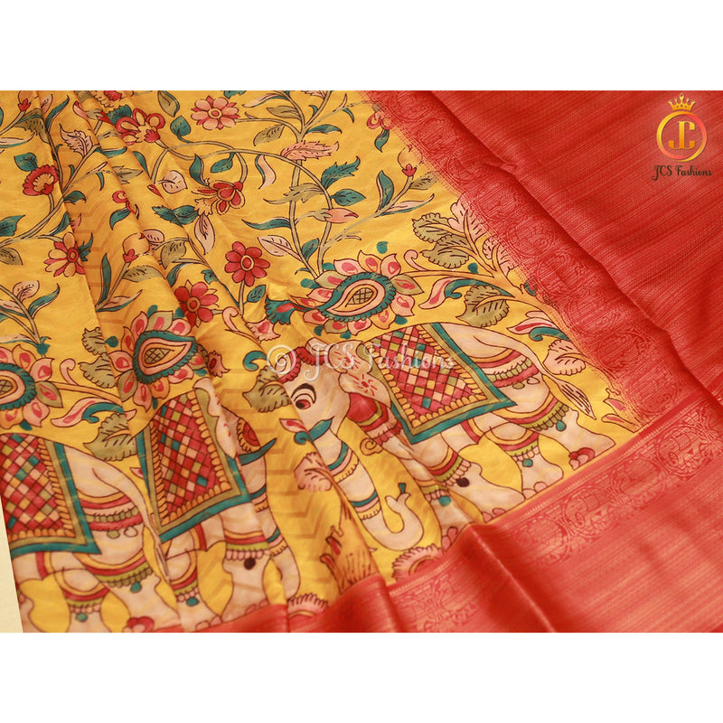 Kanchi Border Kalamkari and Patola Prints Soft Silk Saree