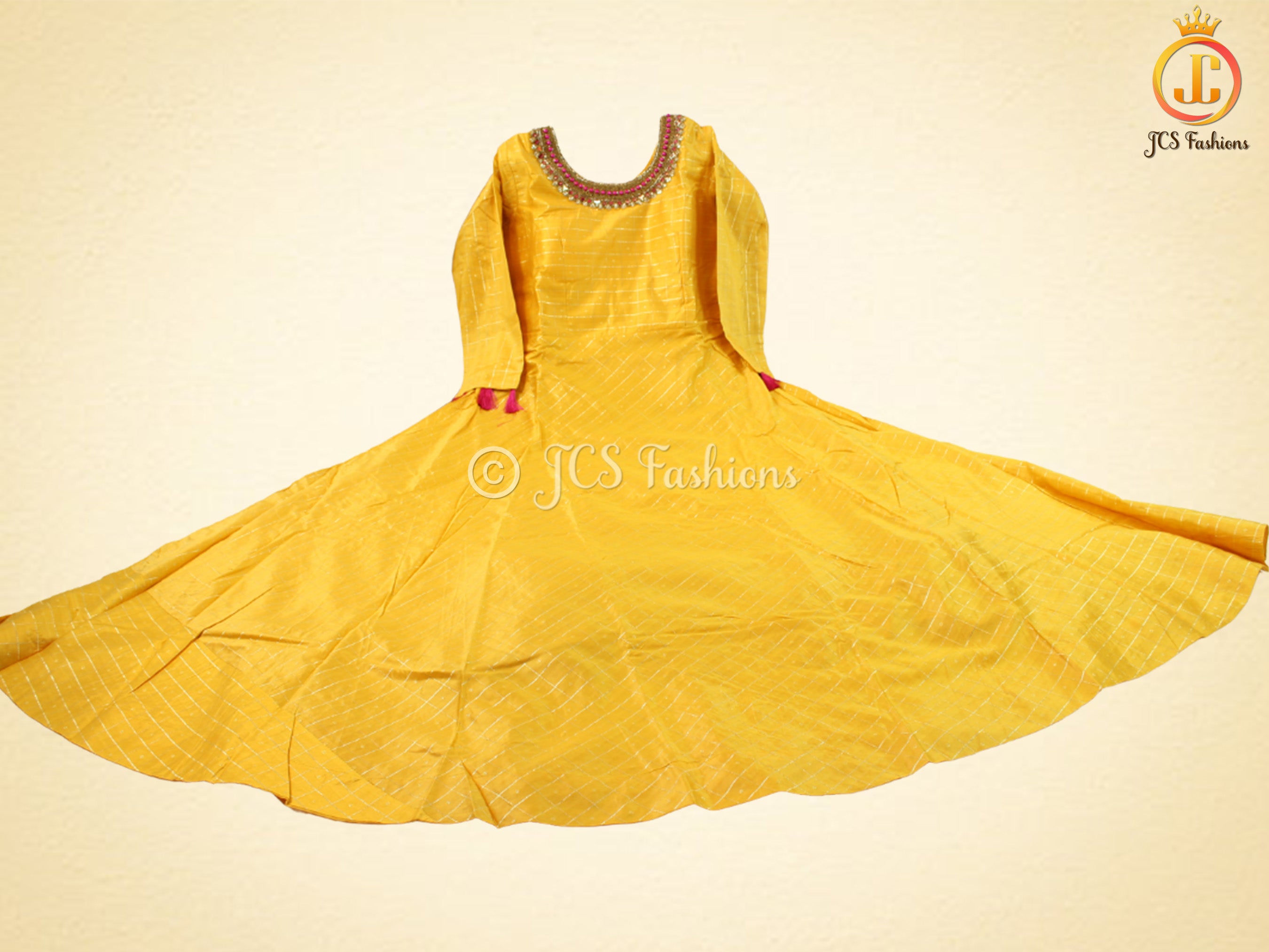 Traditional Anarkali long gown with self zari weaving in Yellow KURTI JCS Fashions