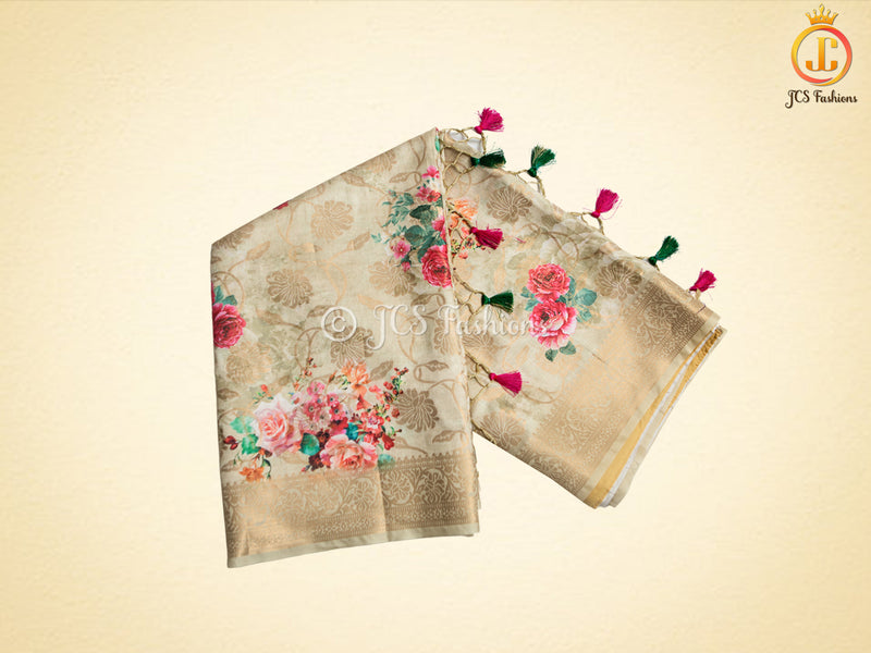 Semi Munga Silk Weaving Saree With floral prints, Fully Stitched blouse