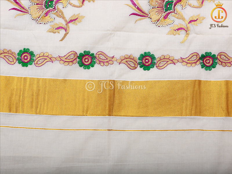 Flaunt your elegance with our Kerala saree in silk cotton fabric, perfect for Vishu and Onam celebrations