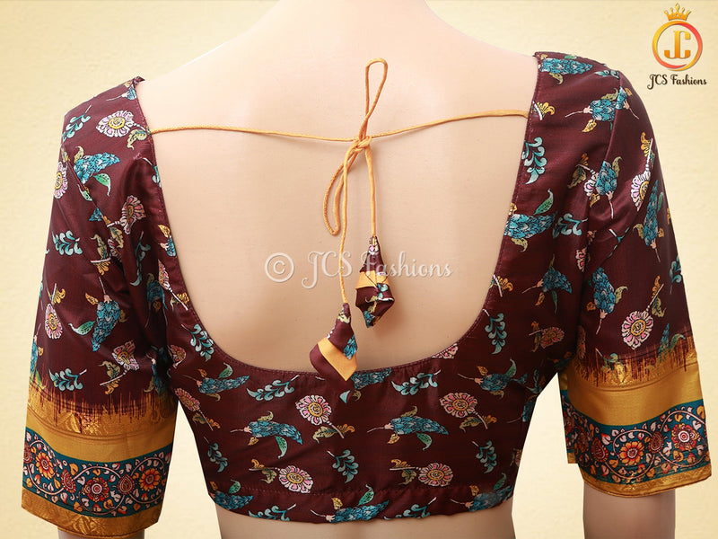 Kalamkari Design Saree With Blouse, Brown Color Saree with Floral designs