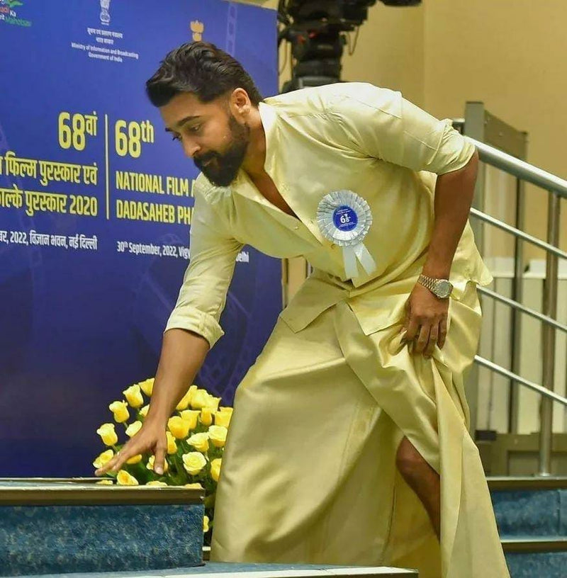 Premium Quality Golden Tissue Suriya Shirt Dhoti Combo