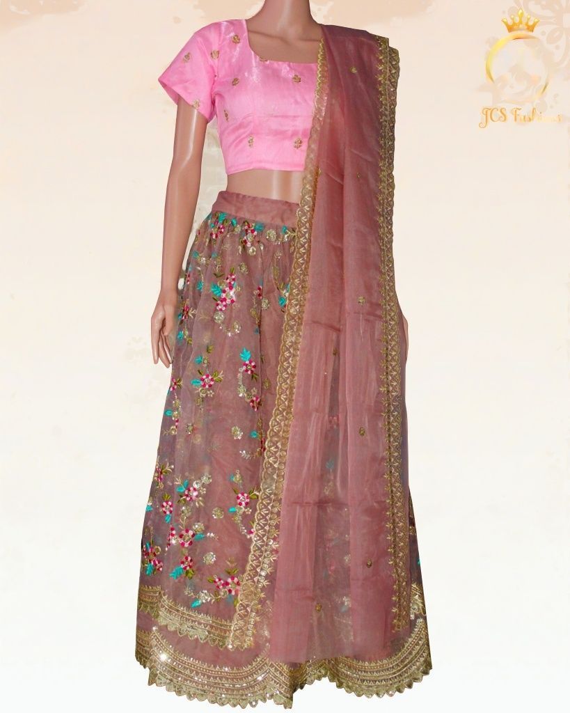 Silk Organza Lehenga Set with Sequin Blouse and Cutwork Dupatta LEHANGA JCS Fashions Brown Medium (38)