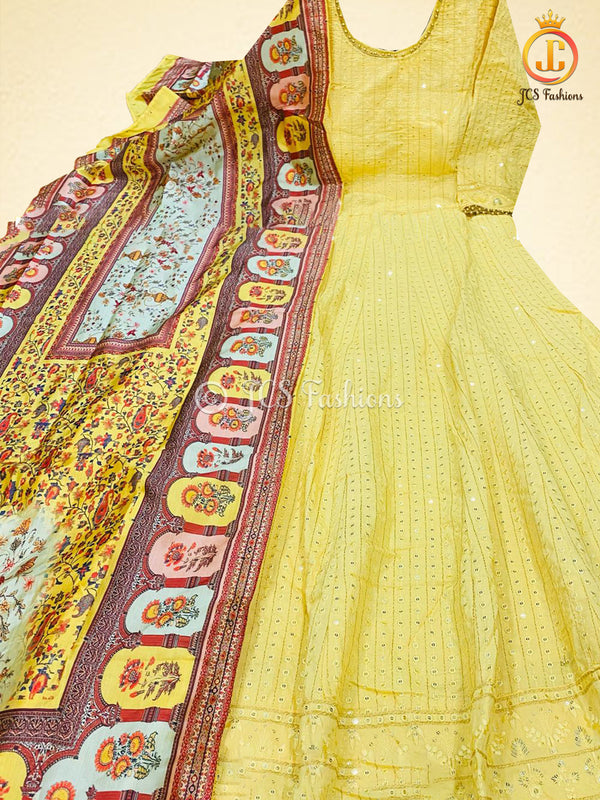 Rich Pastel Color Anarkali Gown With Banarasi Silk Dupatta