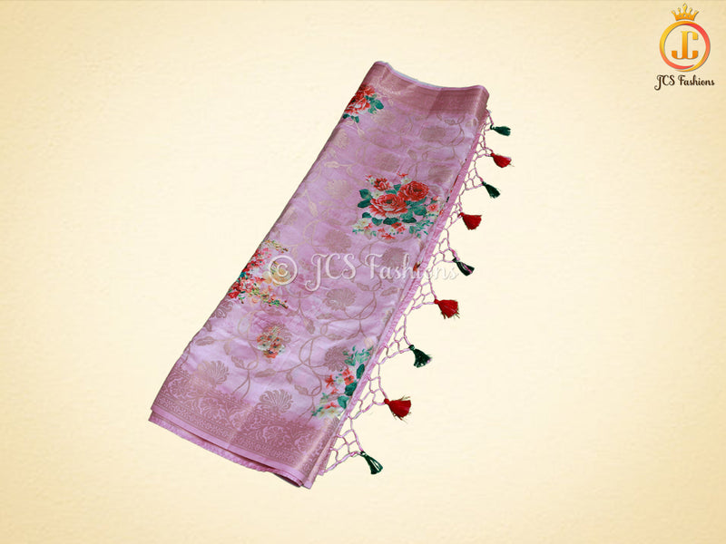 Semi Munga silk saree with digital print and weaving design. Grand pallu.