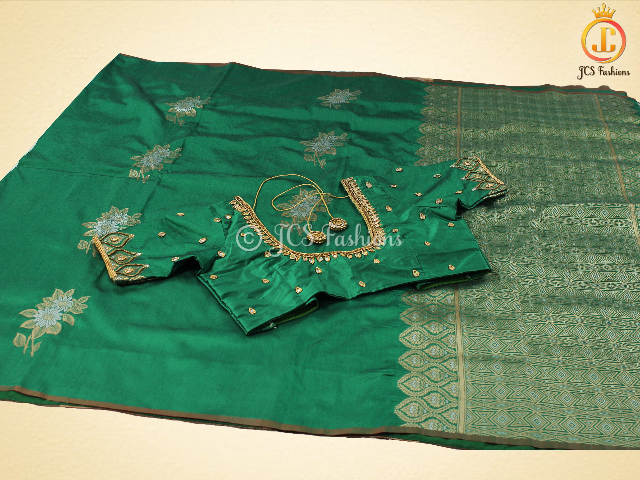 Semi Silk saree, Silver and antique Zari Motifs, Weaving Patterns with fully stitched Blouse SAREE JCS Fashions Dark Green 5.5 meters