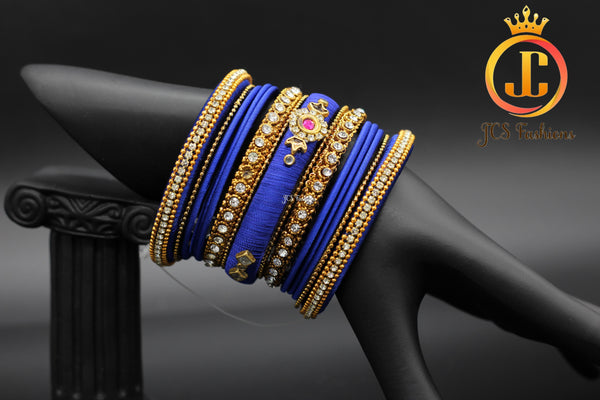 Silk Thread Bangles with Kundan and Stone Work in Royal Blue Color