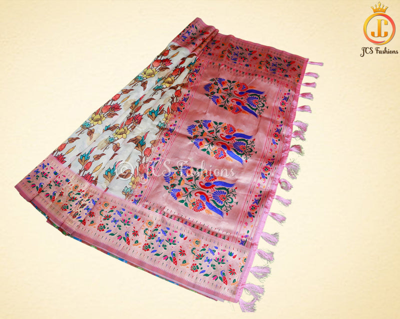Soft Silk Kalamkari Pattu Saree, Paithani border, Ready to wear blouse,