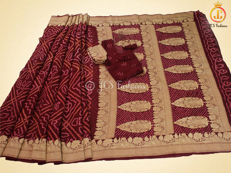 Maroon Pure Khaddi Georgette Rai Bandhej Saree, Silk Mark Certified