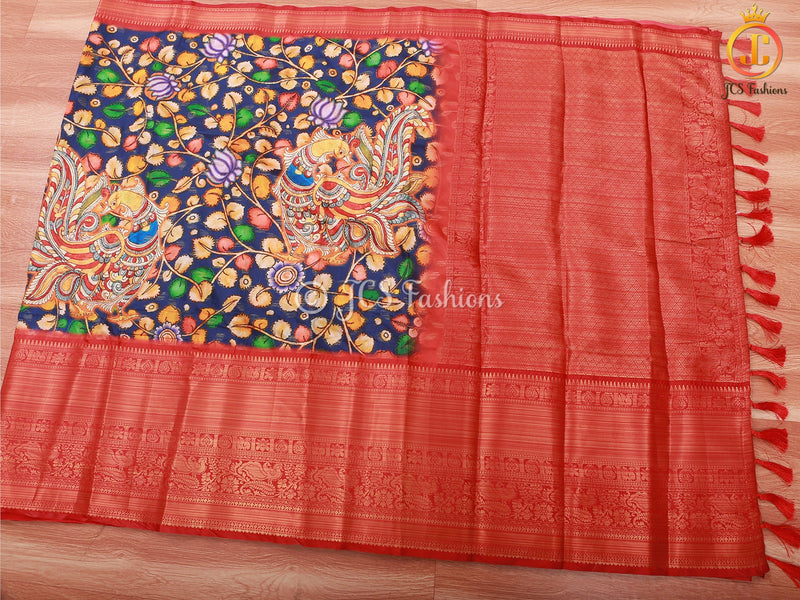 Kalamkari Saree With Kanchipuram Zari Border - Blue