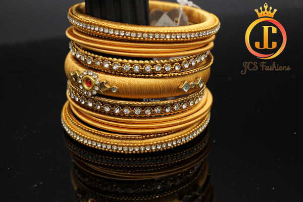 Designer Silk Bangles: Kundan and Stone Work - Set of 15 - JCSFashions