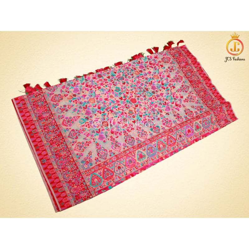 All Over Exquisite Thread Weaving Kani Silk Saree | Beige color fully stitched blouse