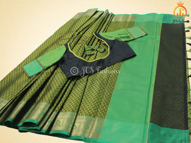 Olive green Kora Muslin Saree with ready to wear designer Blouse