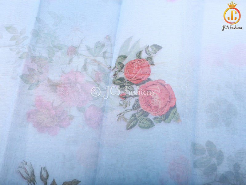 Stunning Pure Handloom Organza Printed Saree with Fully Stitched Printed Blouse