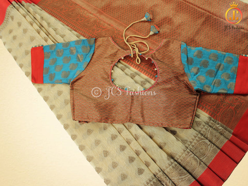 Beige Color Kadhi Linen saree with all-over Antic zari motifs