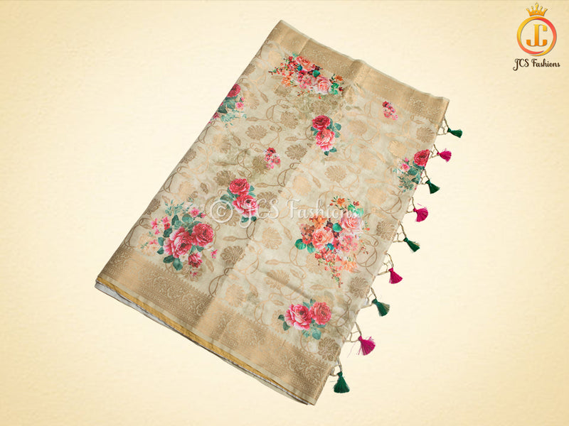 Semi Munga Silk Weaving Saree With floral prints, Fully Stitched blouse