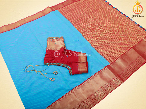Kanchipuram Blended Silk Saree With Fully Stitched Maggam Work Blouse - Blue