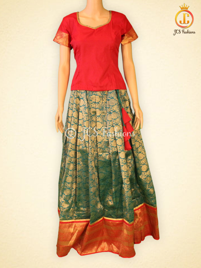 Banarasi Lehenga with Crop Top | Pavadi for Teens | half saree| Bottle Green