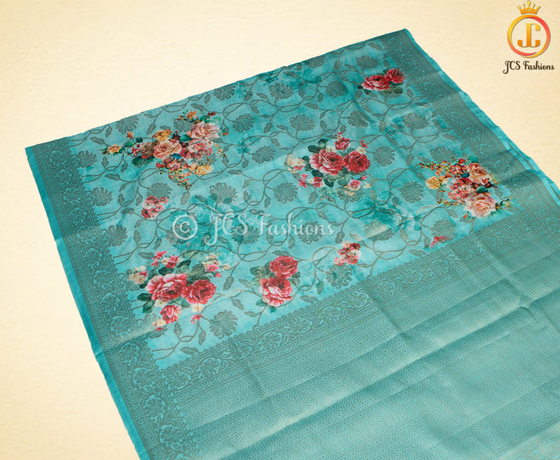 Semi Munga Silk Saree, Weaving and floral Prints. With Fully stitched Blouse.