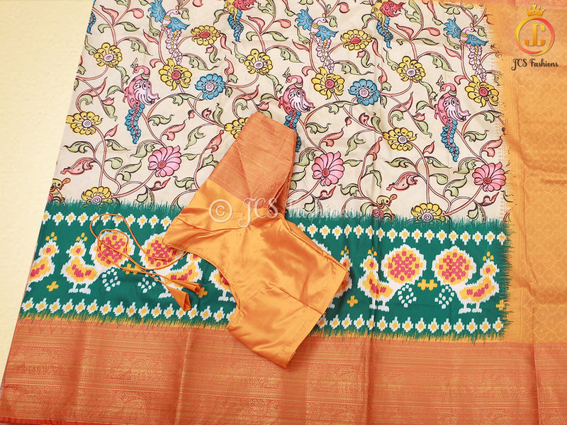 Kalamkari And Patola Prints Soft Silk Saree With Kanchi Border