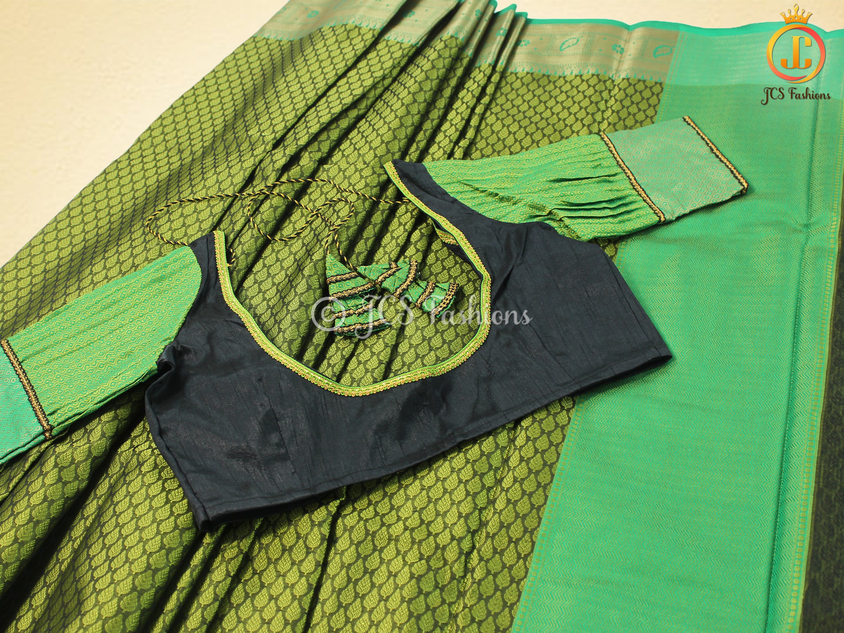 Olive green Kora Muslin Saree with ready to wear designer Blouse SAREE JCS Fashions