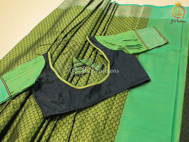 Olive green Kora Muslin Saree with ready to wear designer Blouse
