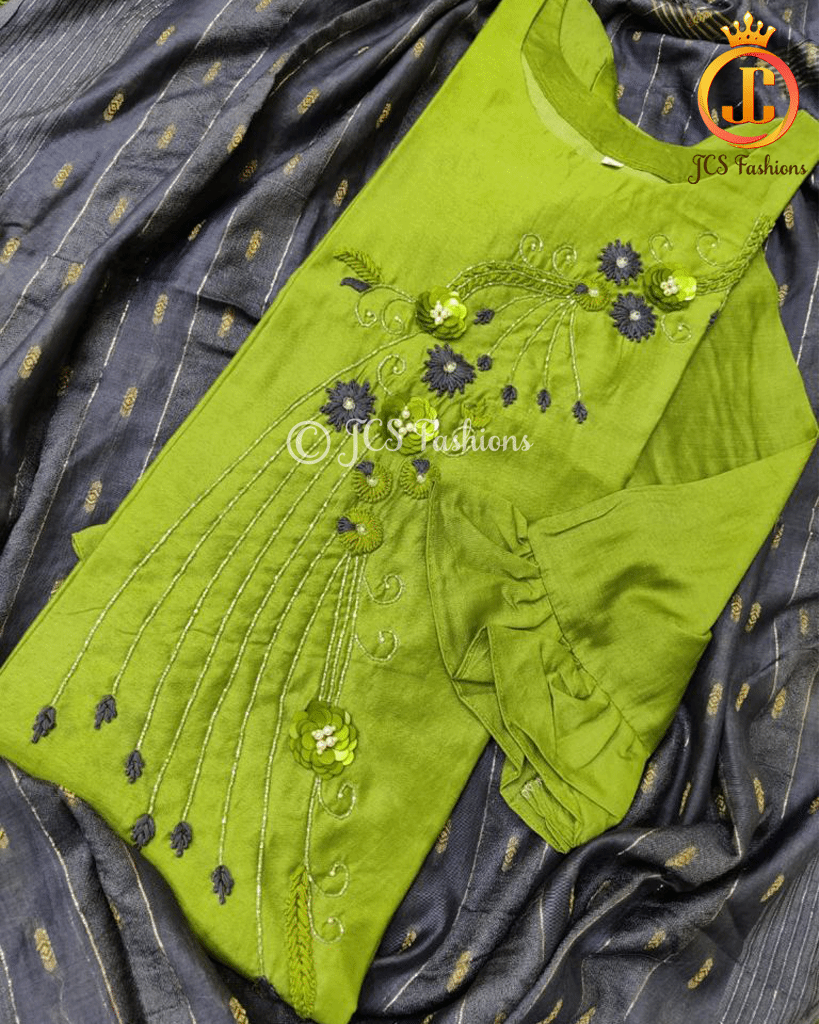 Maslin Long Kurti with heavy handwork dupatta in Stunning Green KURTI JCS Fashions Green XX-Large (44)