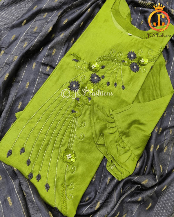 Maslin Long Kurti with heavy handwork dupatta in Stunning Green