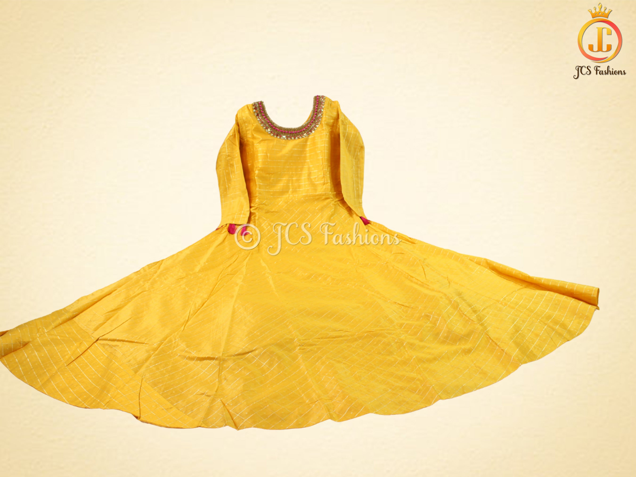 Traditional Anarkali long gown with self zari weaving in Yellow KURTI JCS Fashions