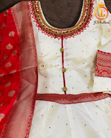 Traditional long gown with banarasi border in Cream and Red KURTI JCS Fashions