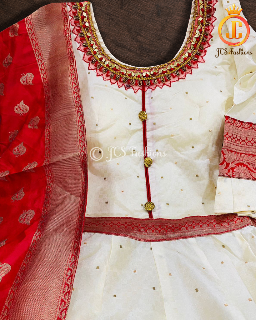 Traditional long gown with banarasi border in Cream and Red KURTI JCS Fashions