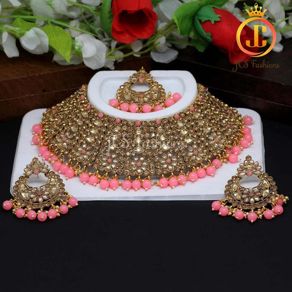 Stunning Pink Color Kundan Polki Choker Necklace Set