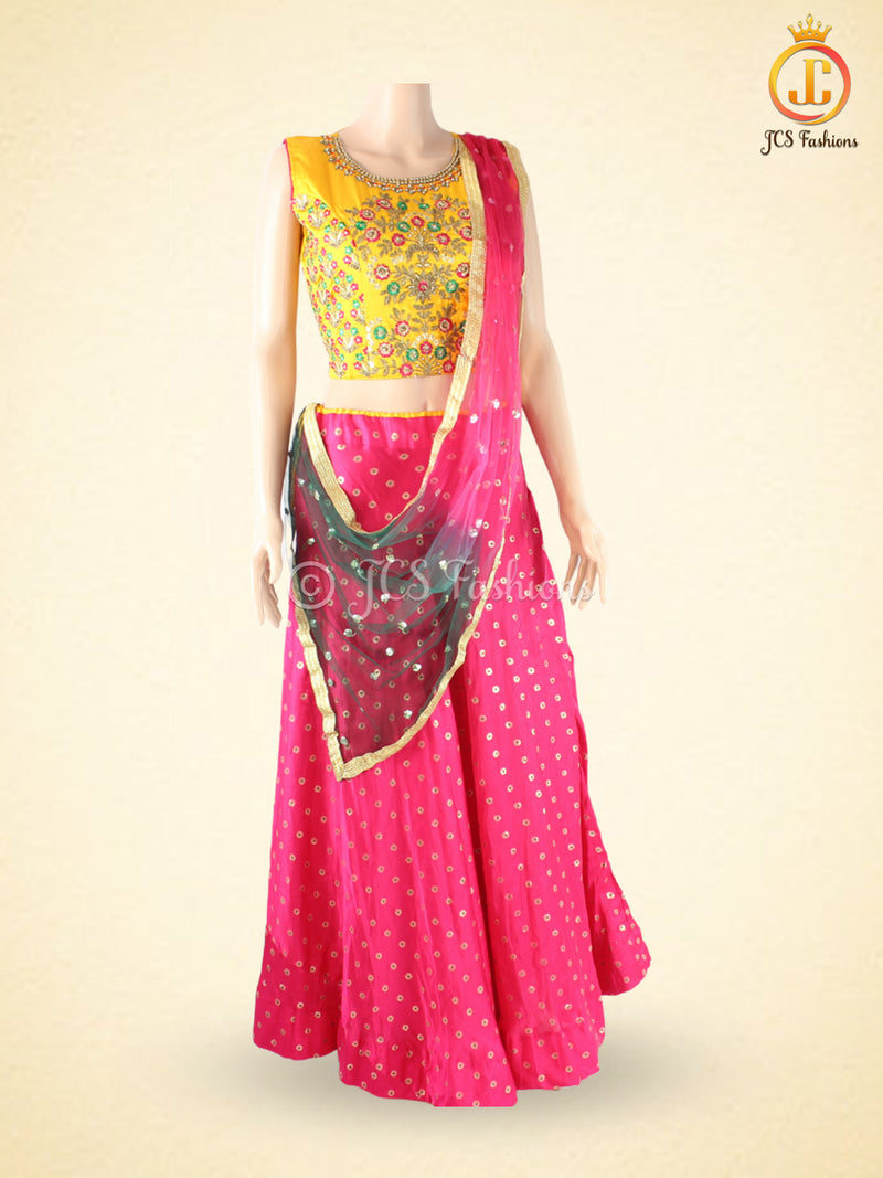 Weaving Zari Buttie Silk Lehenga With Dual Shade Soft Net Dupatta