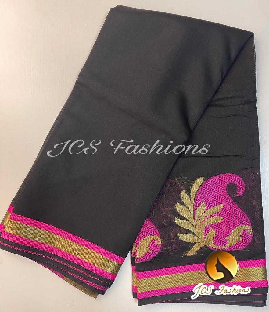 Black And Pink Silk Cotton Saree With Running Blouse SAREE JCS Fashions Black 5.5 meters