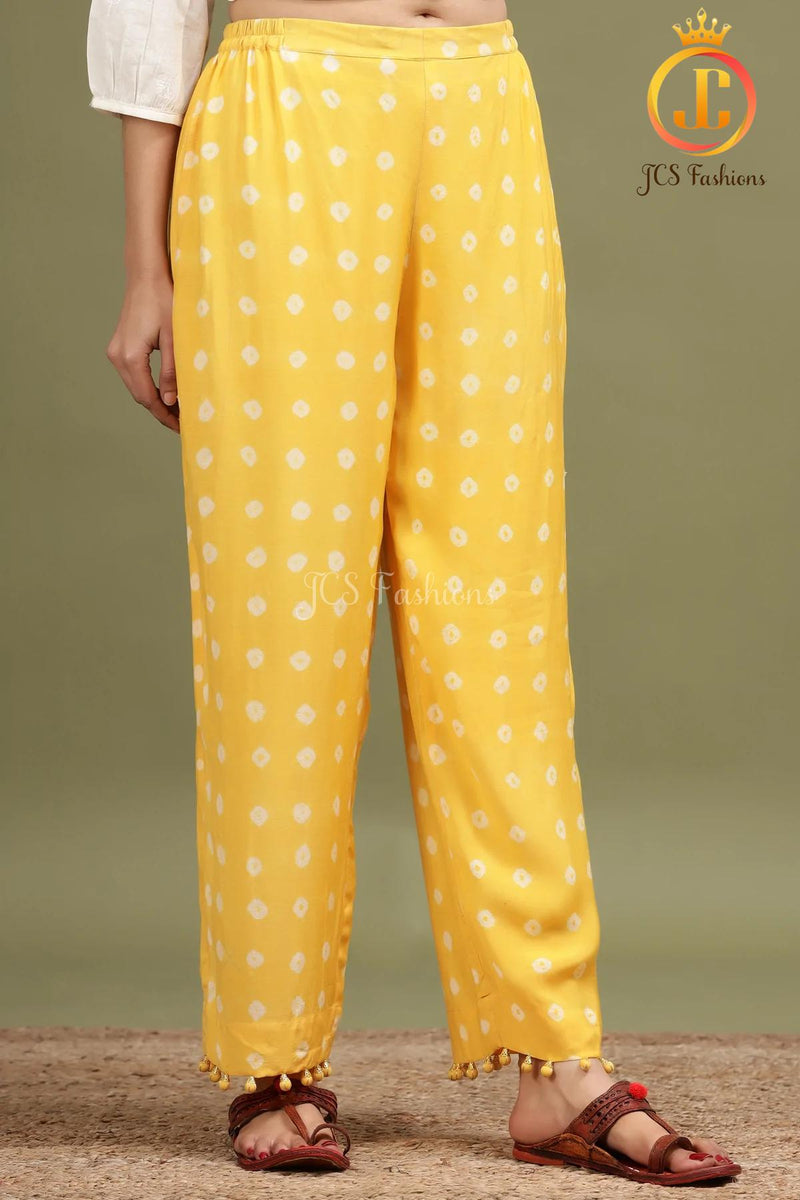 Yellow Bandhini Straight Kurti With Potli Pants and matching Stole